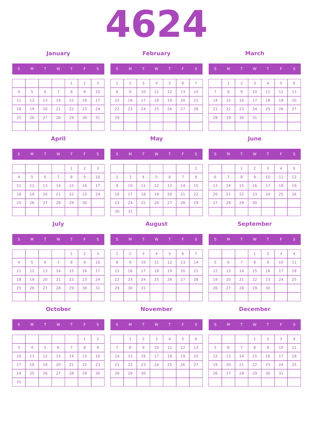 Printable 4624 Year Calendars purple