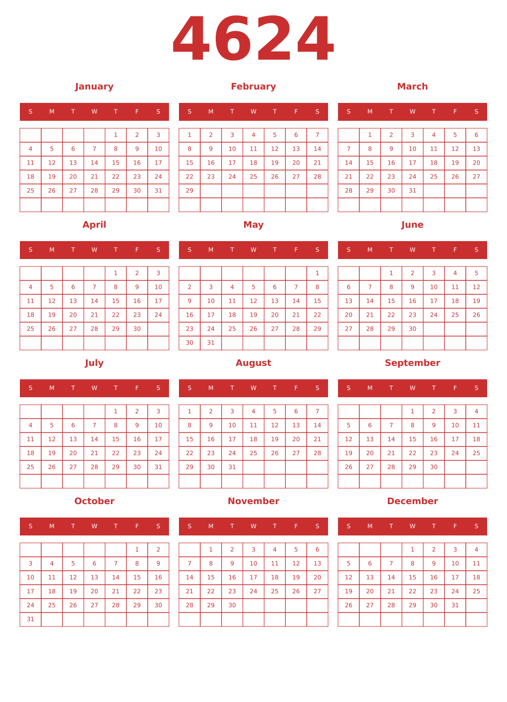 Printable 4624 Year Calendars red