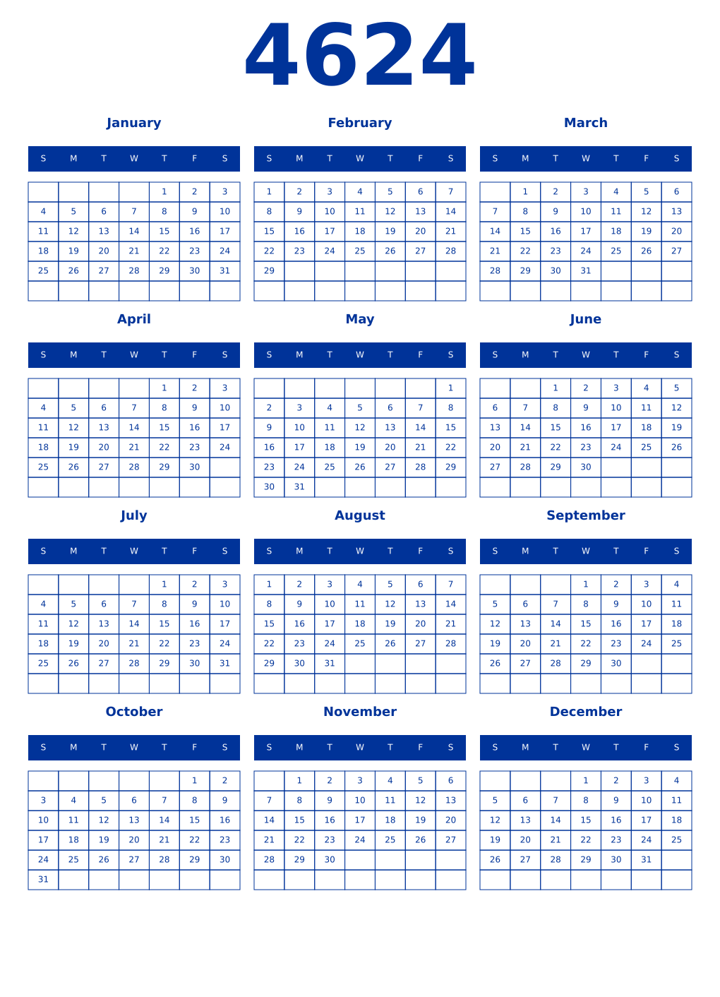 Printable 4624 Year Calendars smalt