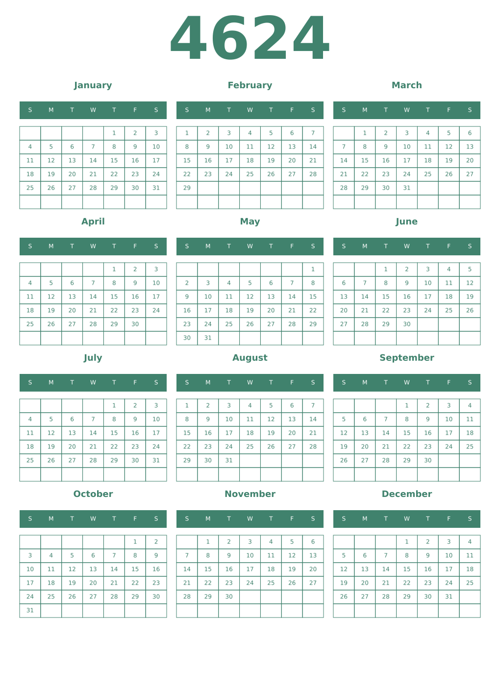 Printable 4624 Year Calendars viridian