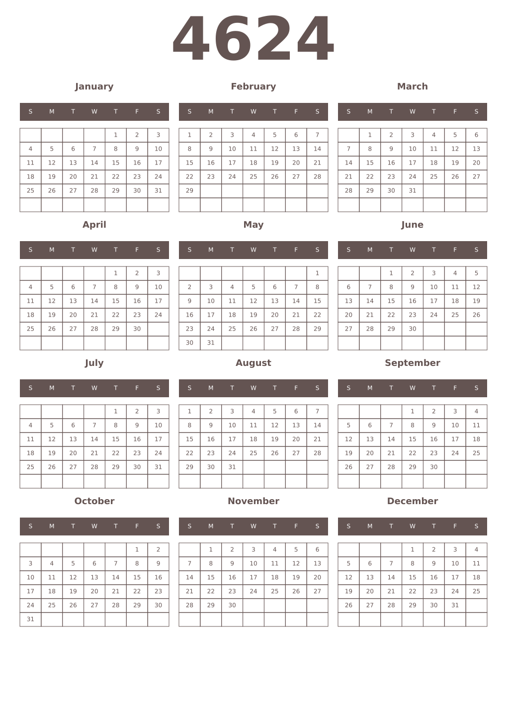 Printable 4624 Year Calendars wenge