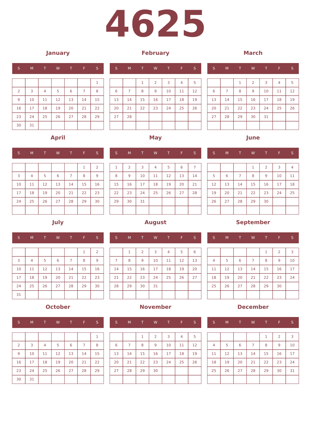 Printable 4625 Year Calendars cordovan