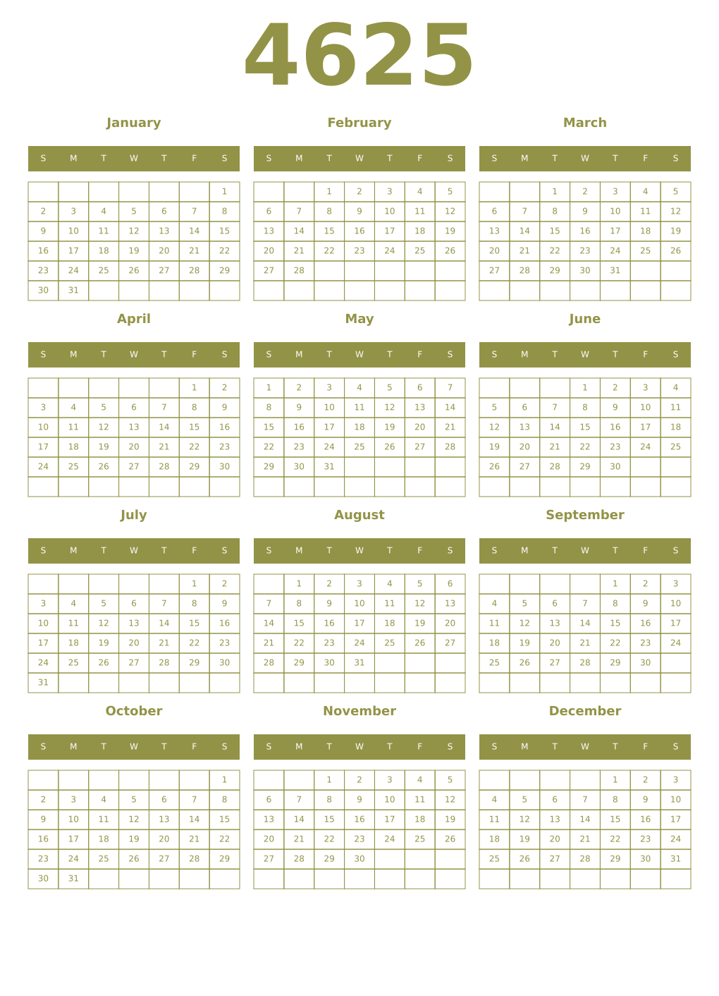 Printable 4625 Year Calendars eburnean