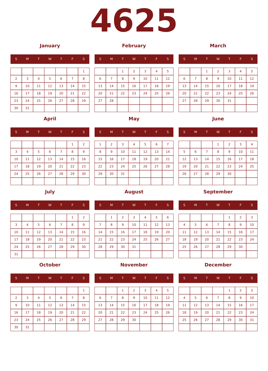 Printable 4625 Year Calendars falu