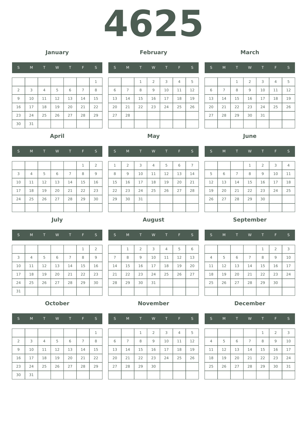 Printable 4625 Year Calendars feldgrau