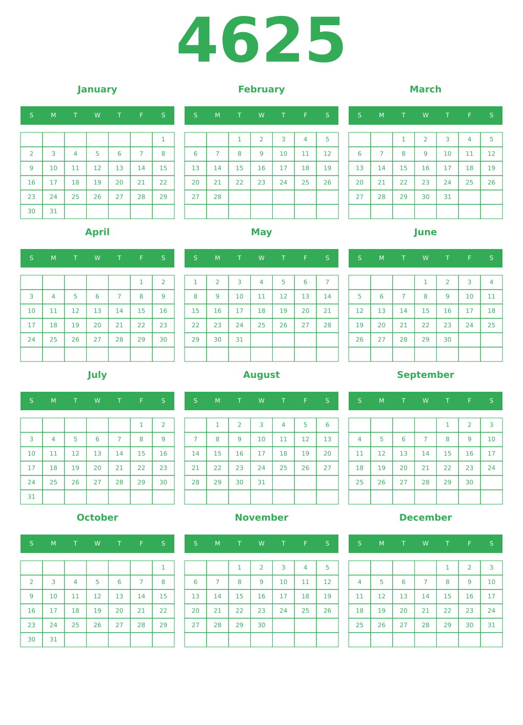 Printable 4625 Year Calendars green