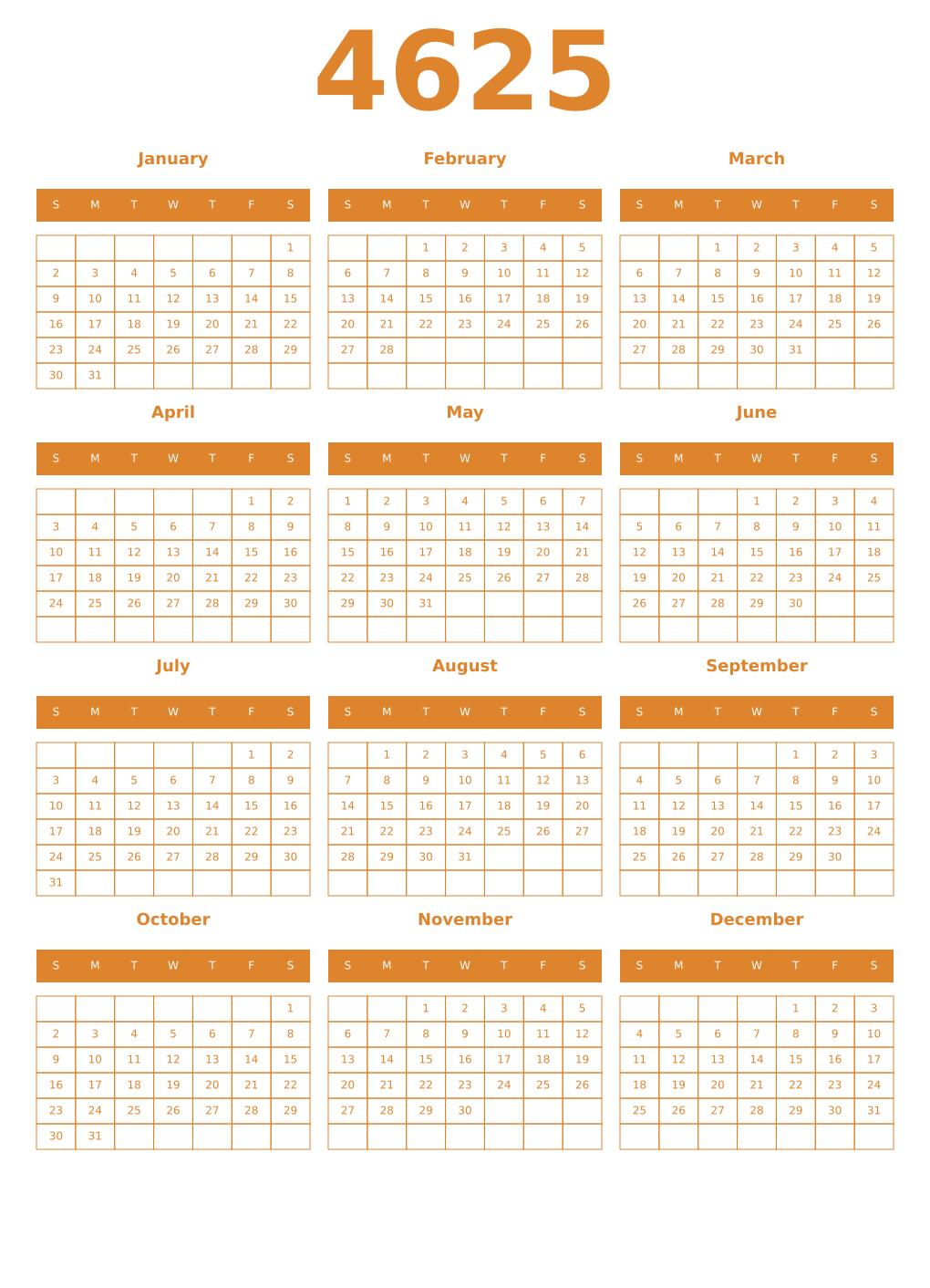 Printable 4625 Year Calendars orange