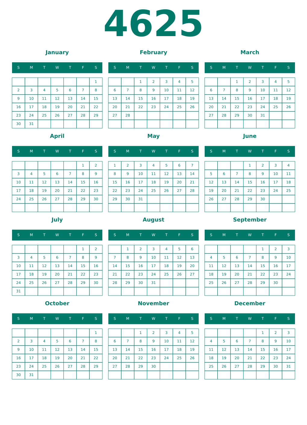 Printable 4625 Year Calendars pastel