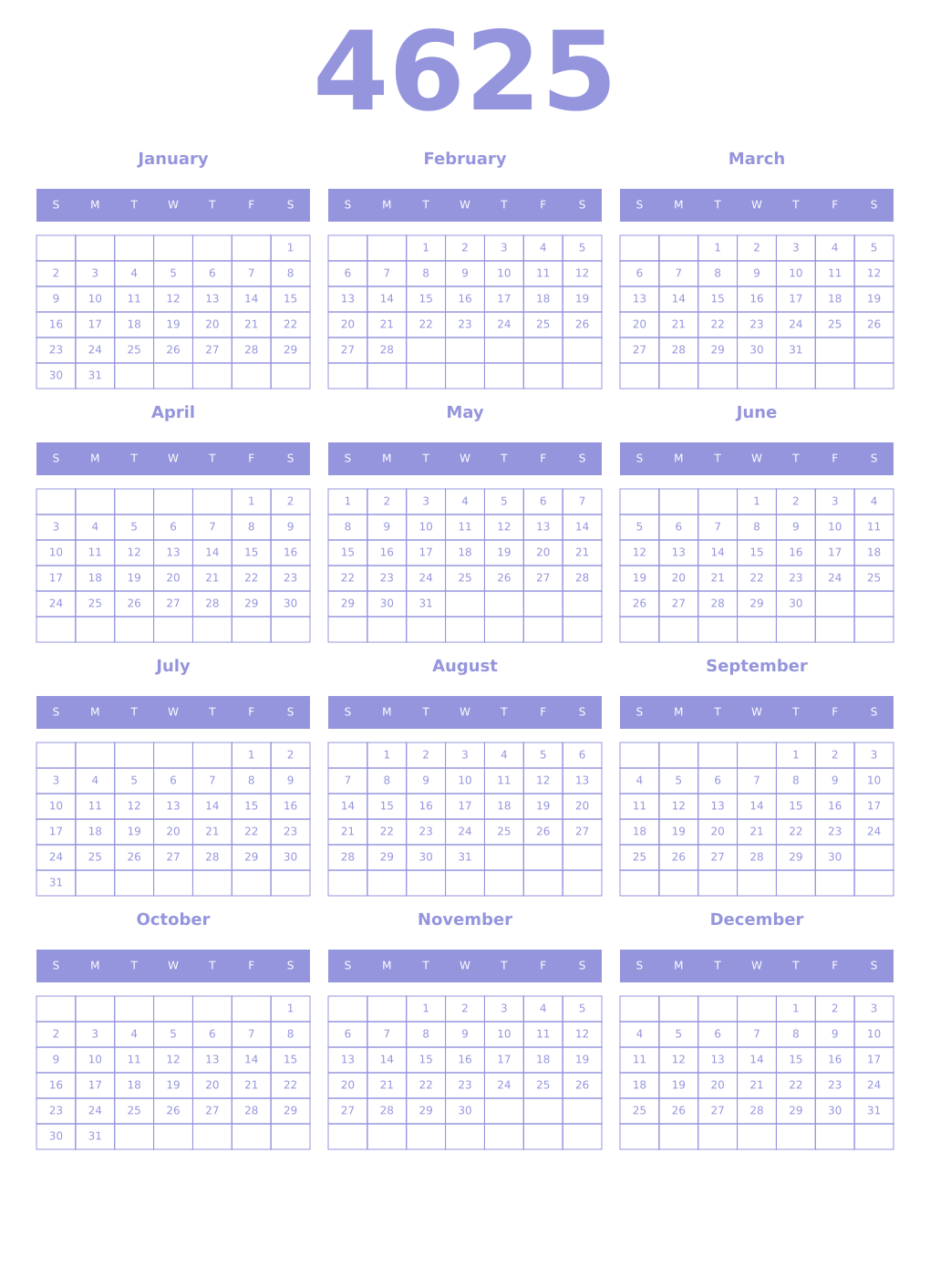 Printable 4625 Year Calendars periwinkle