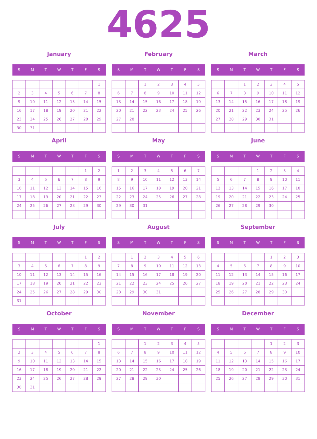 Printable 4625 Year Calendars purple