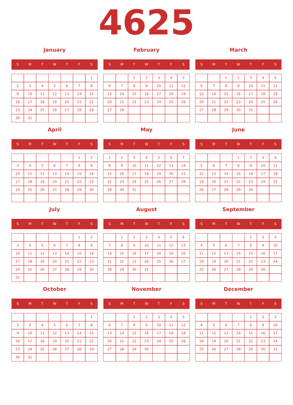 Printable 4625 Year Calendars red