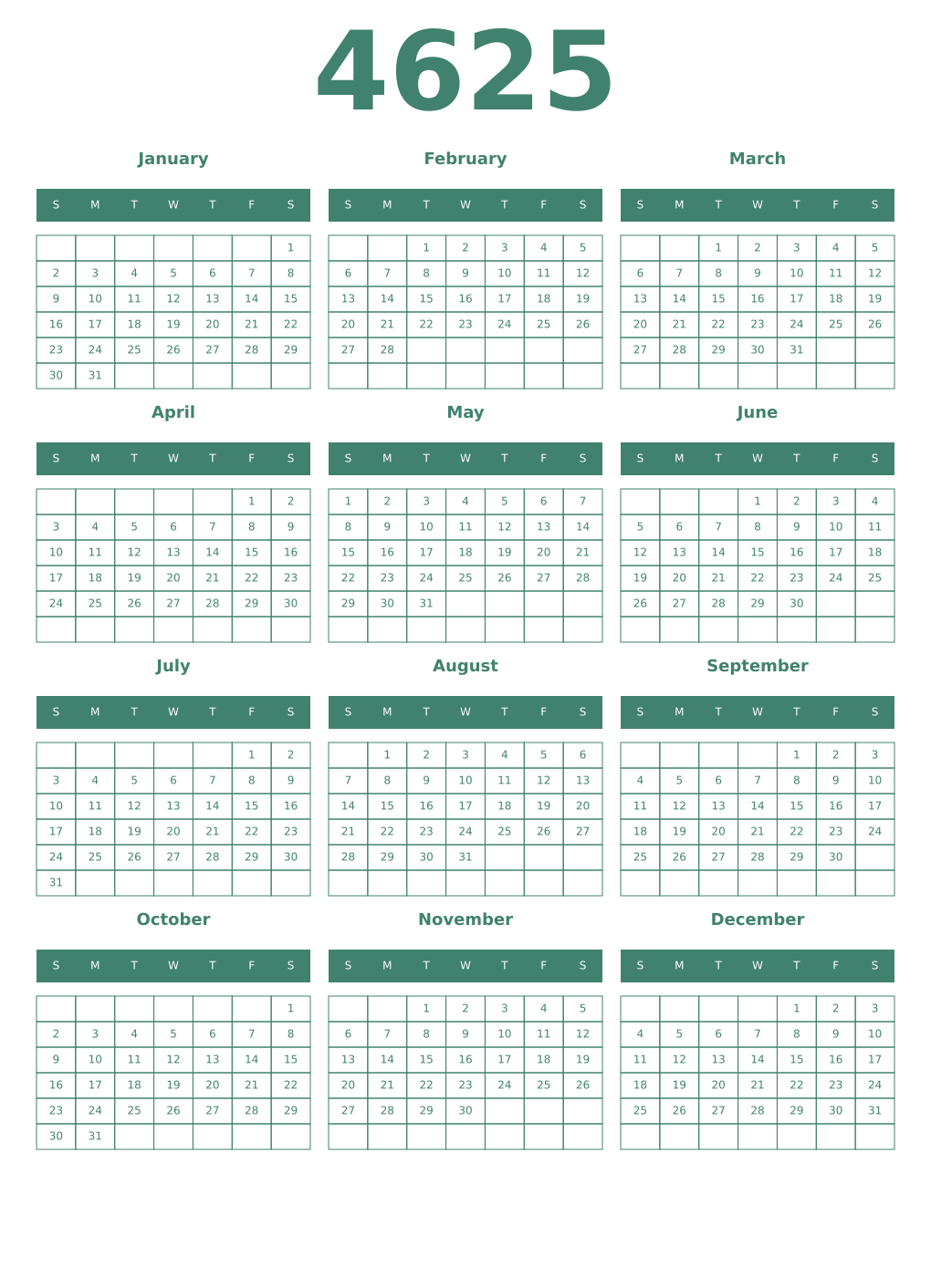 Printable 4625 Year Calendars viridian