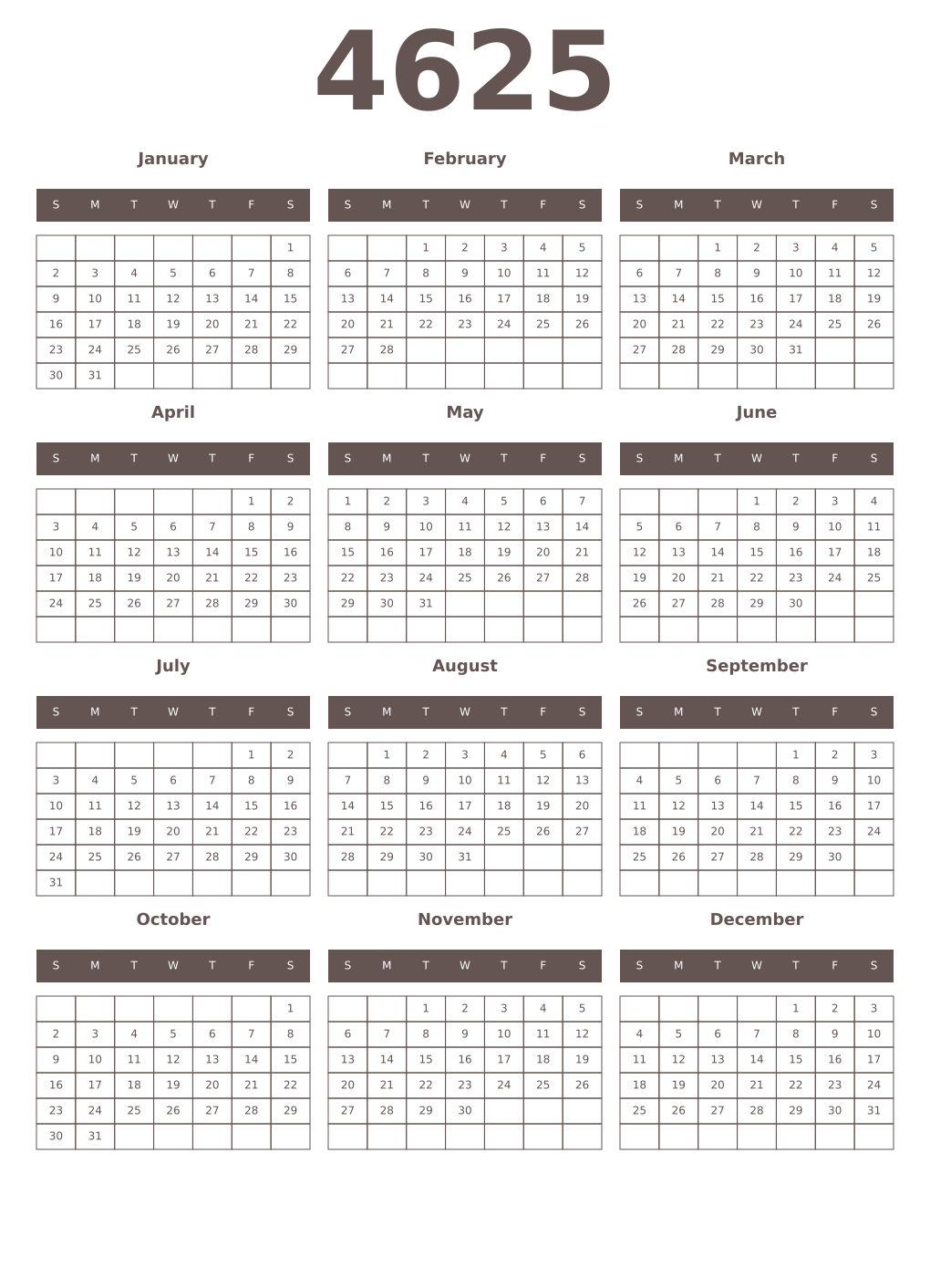 Printable 4625 Year Calendars wenge