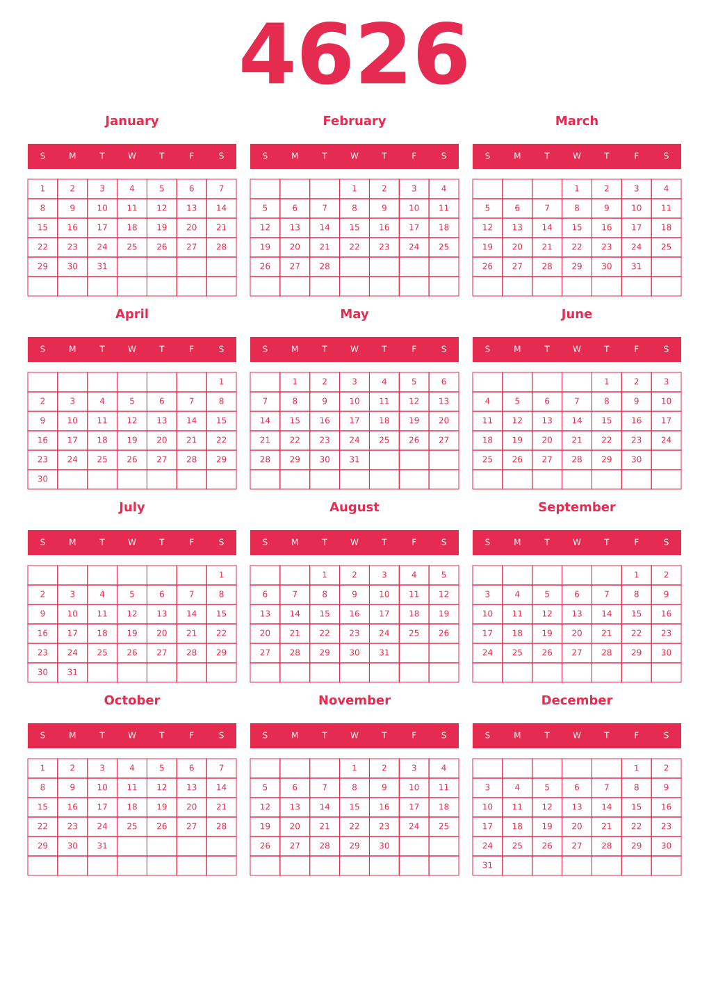 Printable 4626 Year Calendars amaranth