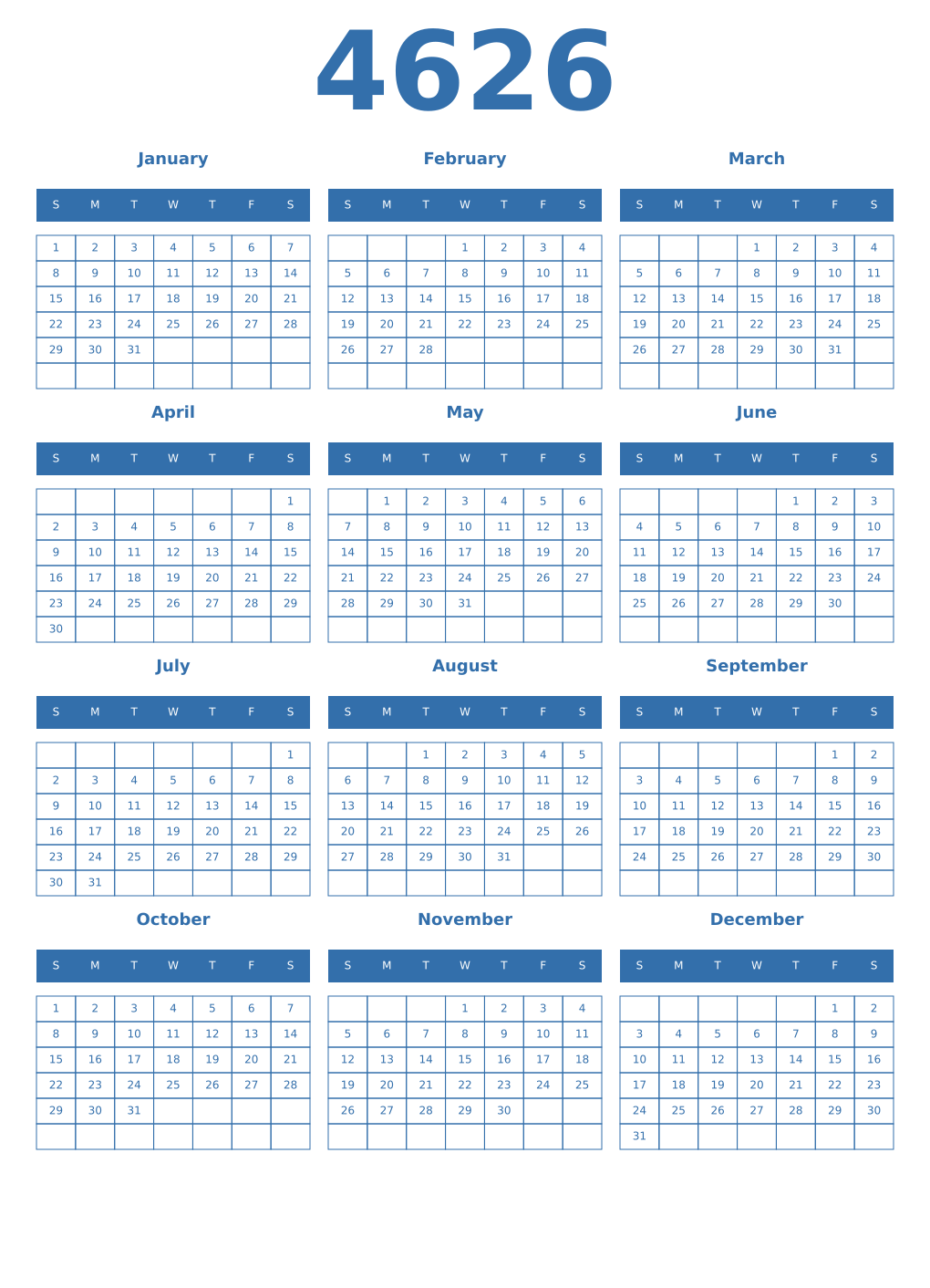 Printable 4626 Year Calendars blue