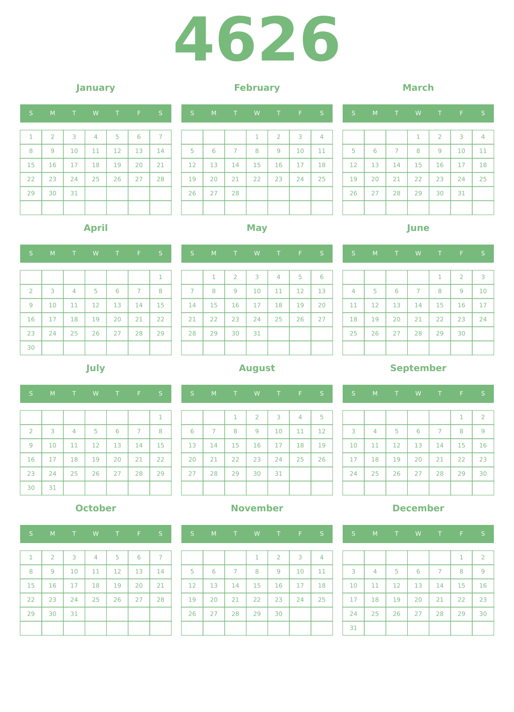 Printable 4626 Year Calendars celadon