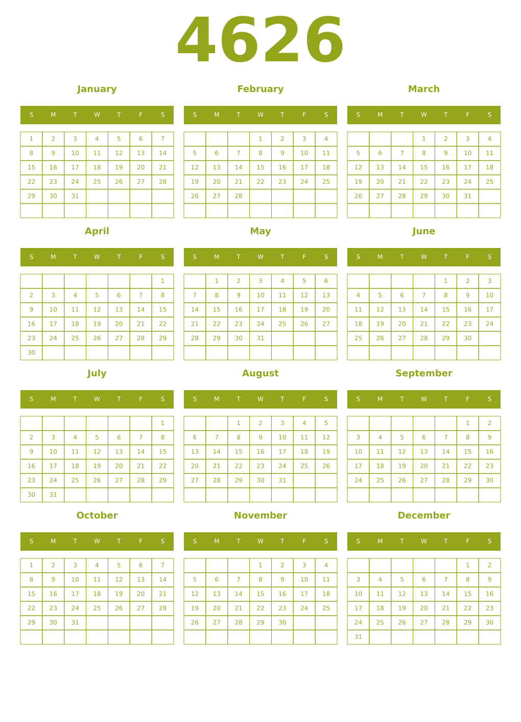 Printable 4626 Year Calendars chartreuse