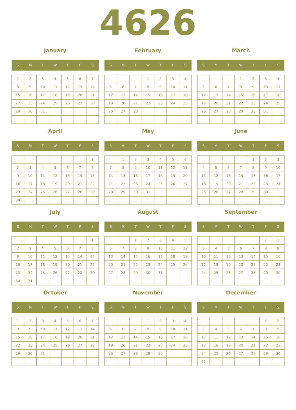 Printable 4626 Year Calendars eburnean