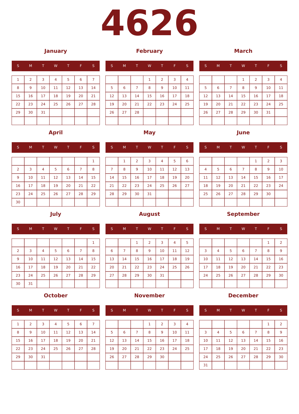 Printable 4626 Year Calendars falu