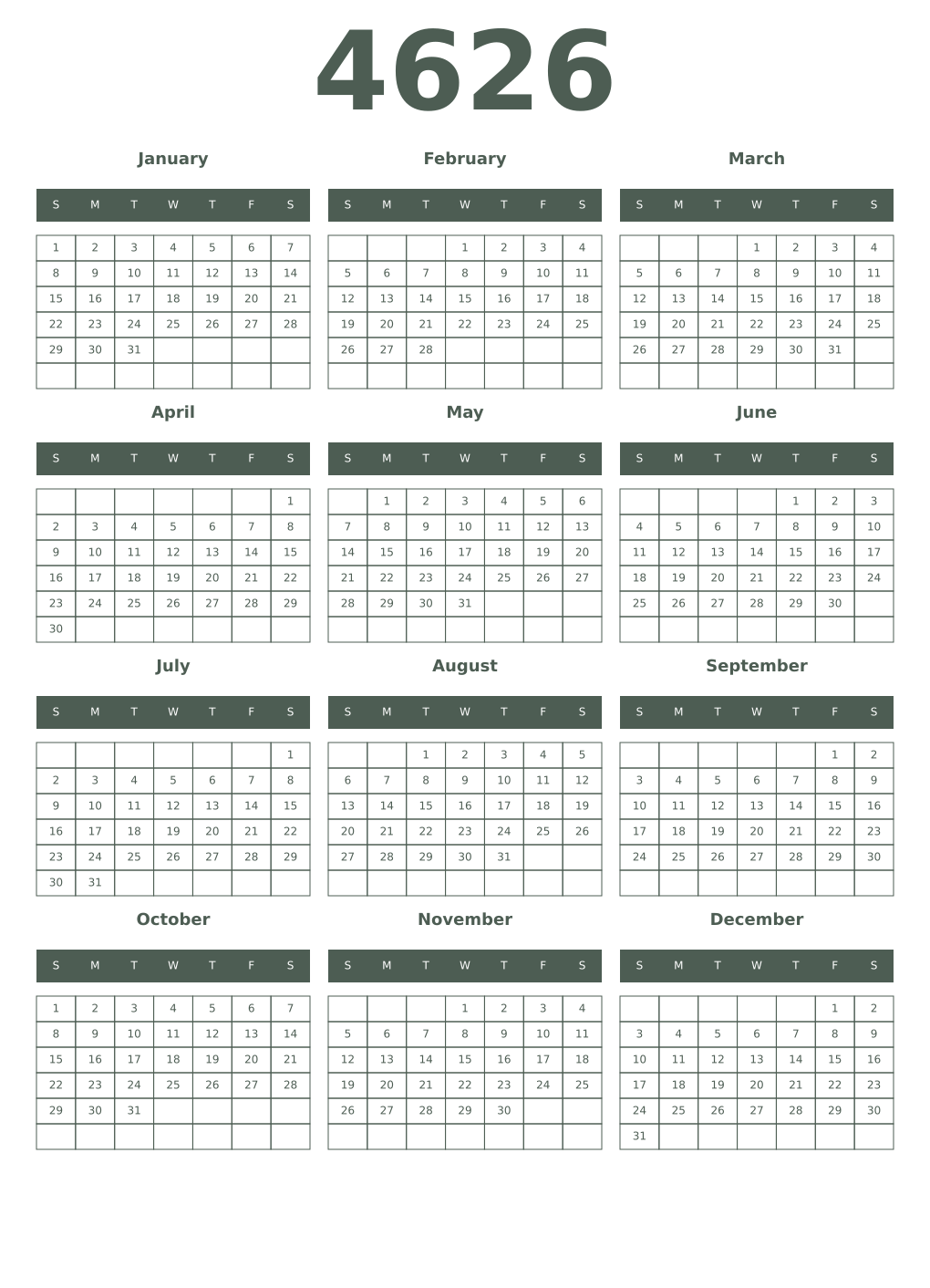 Printable 4626 Year Calendars feldgrau