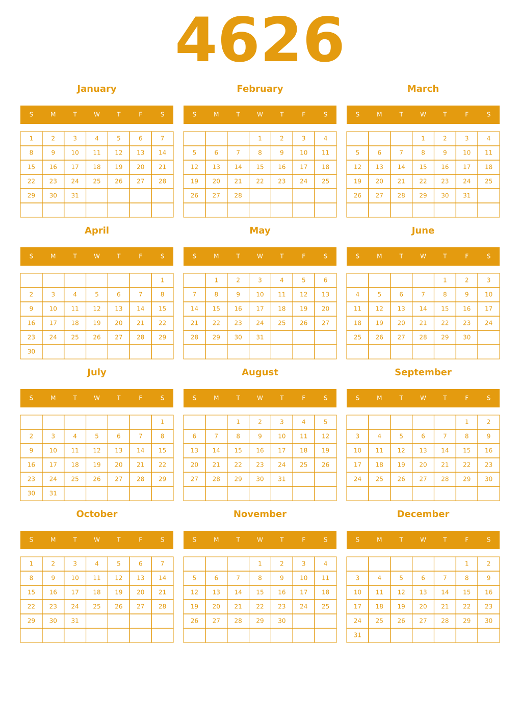 Printable 4626 Year Calendars gamboge