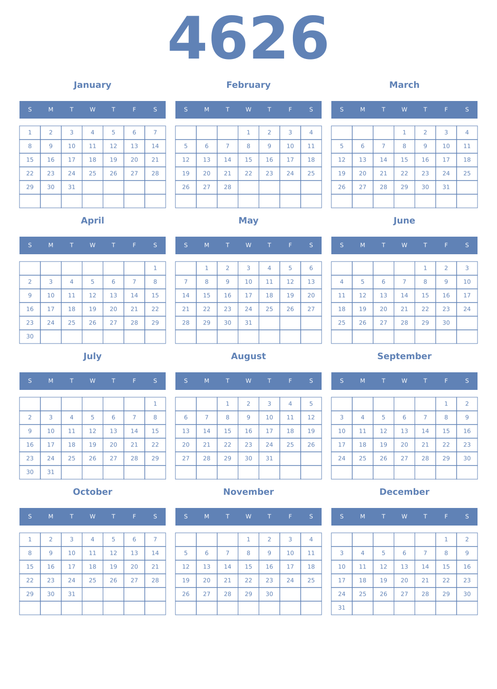 Printable 4626 Year Calendars glaucous