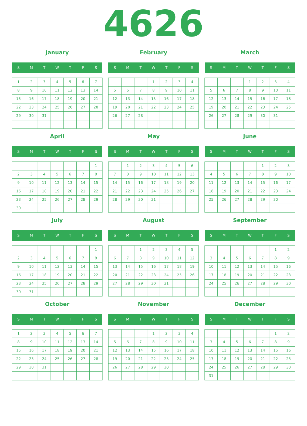 Printable 4626 Year Calendars green
