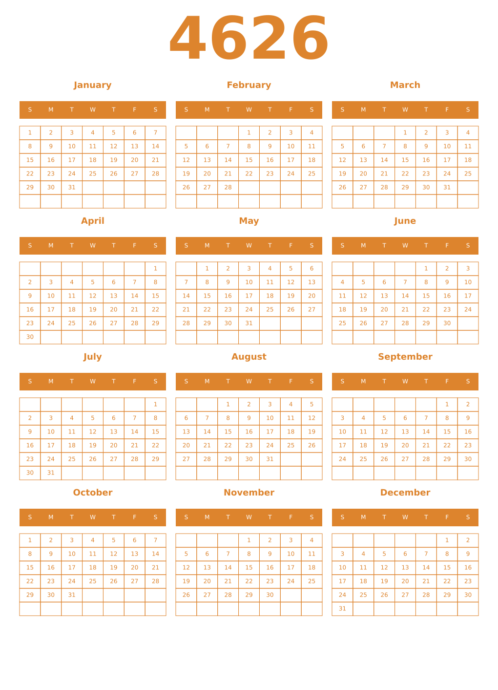 Printable 4626 Year Calendars orange