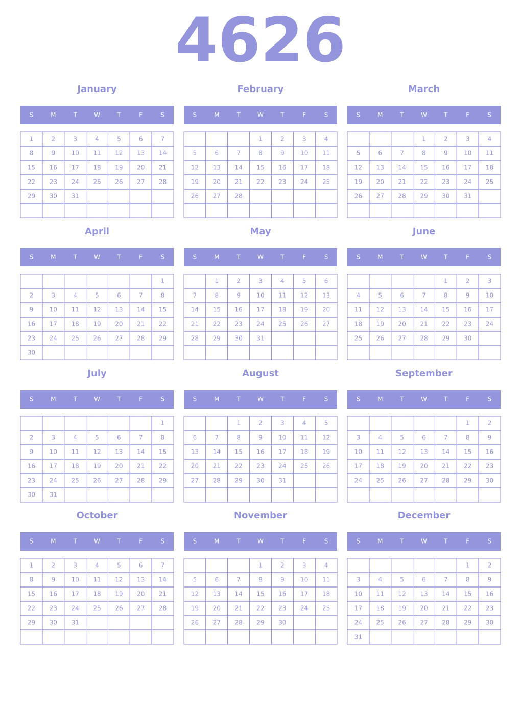 Printable 4626 Year Calendars periwinkle