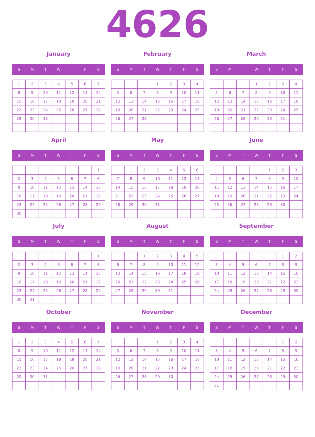 Printable 4626 Year Calendars purple