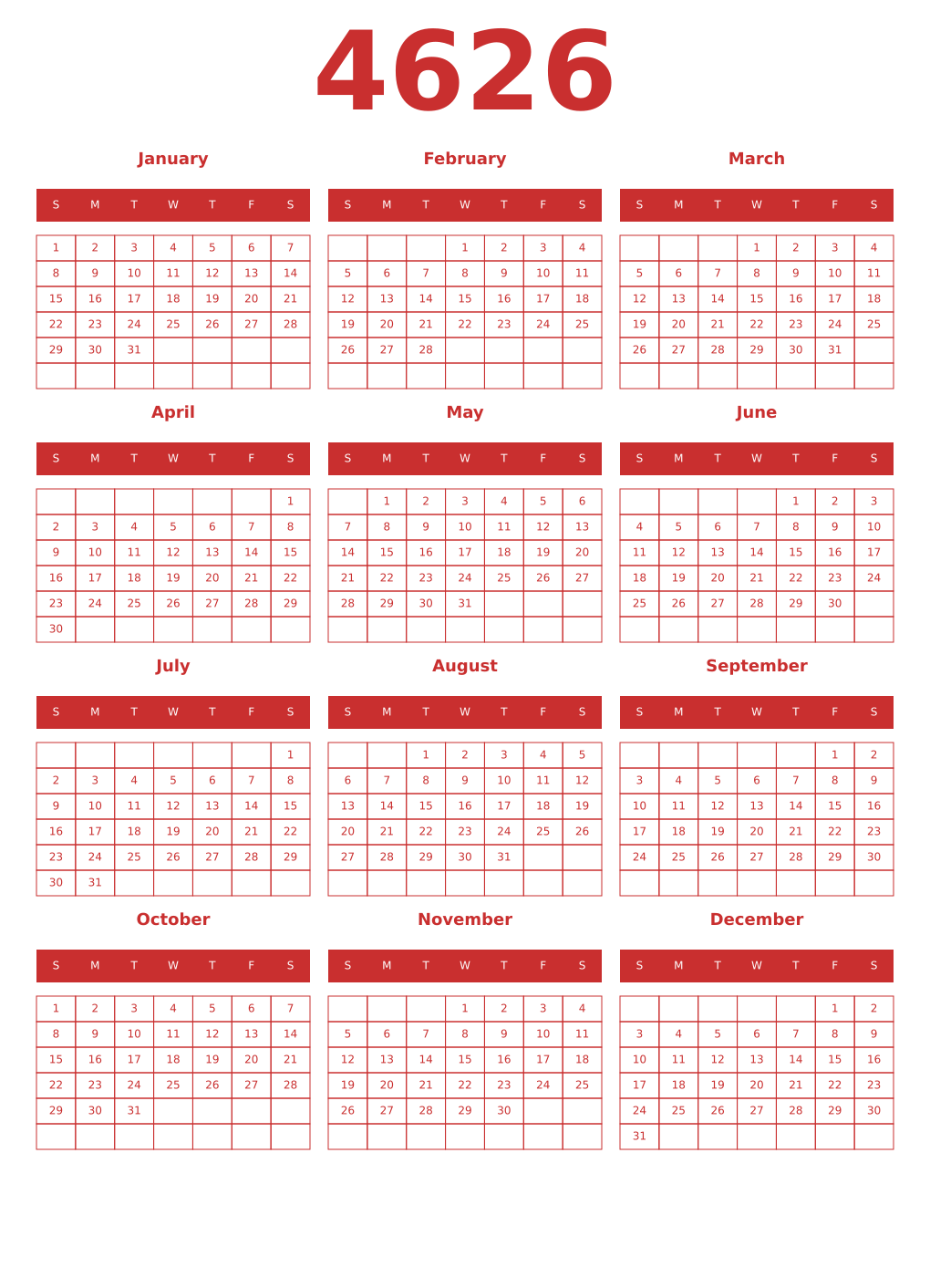 Printable 4626 Year Calendars red