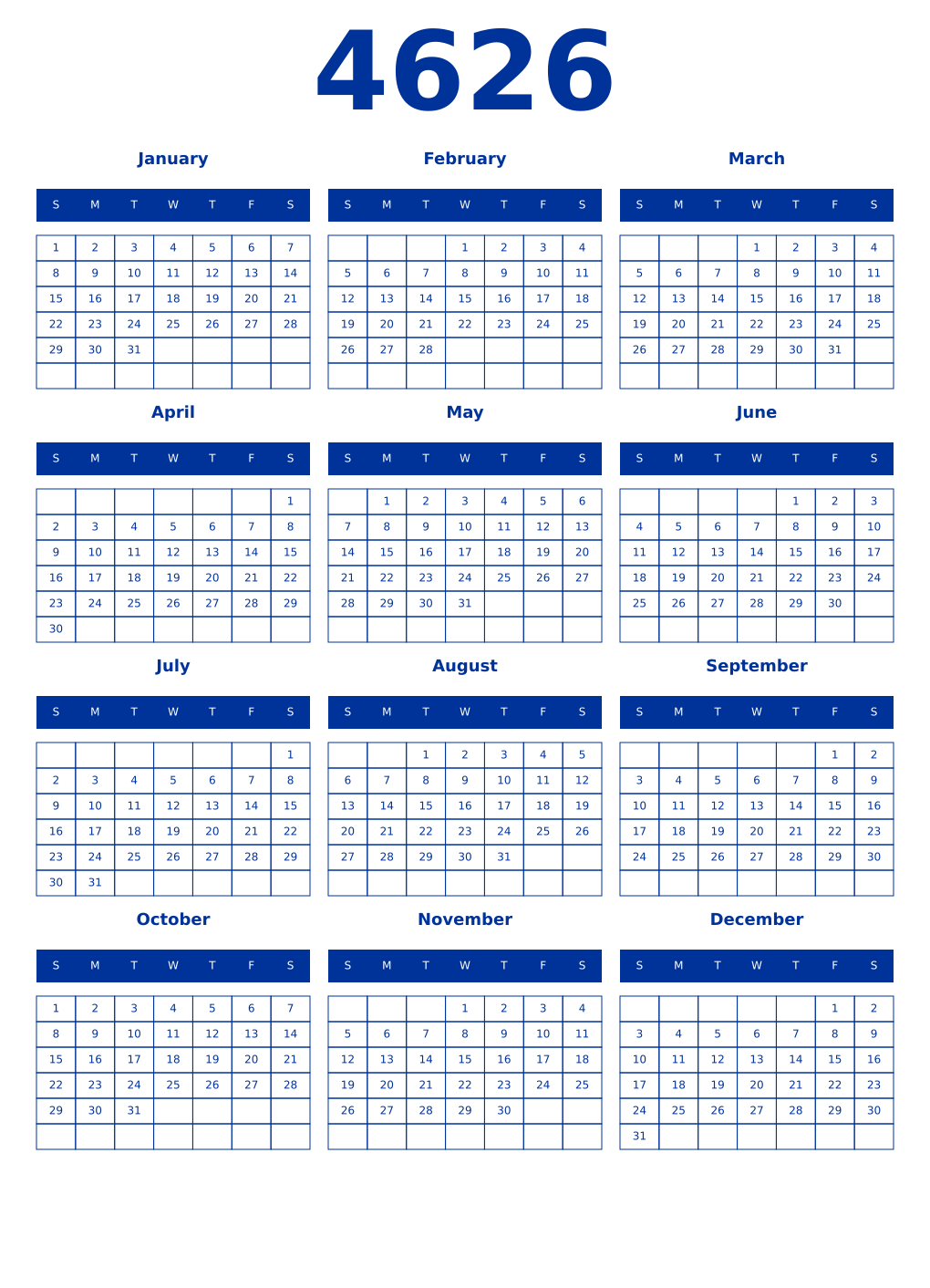Printable 4626 Year Calendars smalt