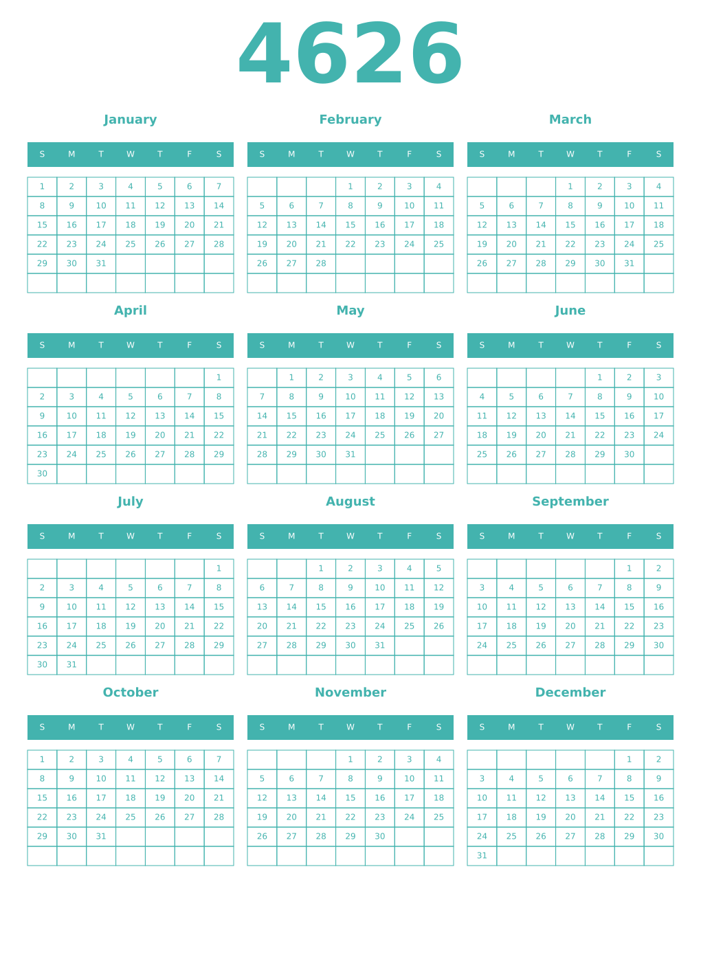Printable 4626 Year Calendars verdigris