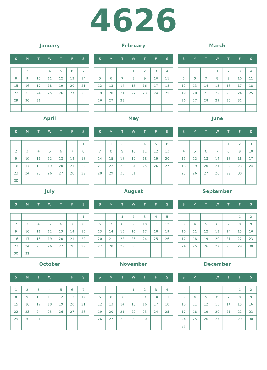 Printable 4626 Year Calendars viridian