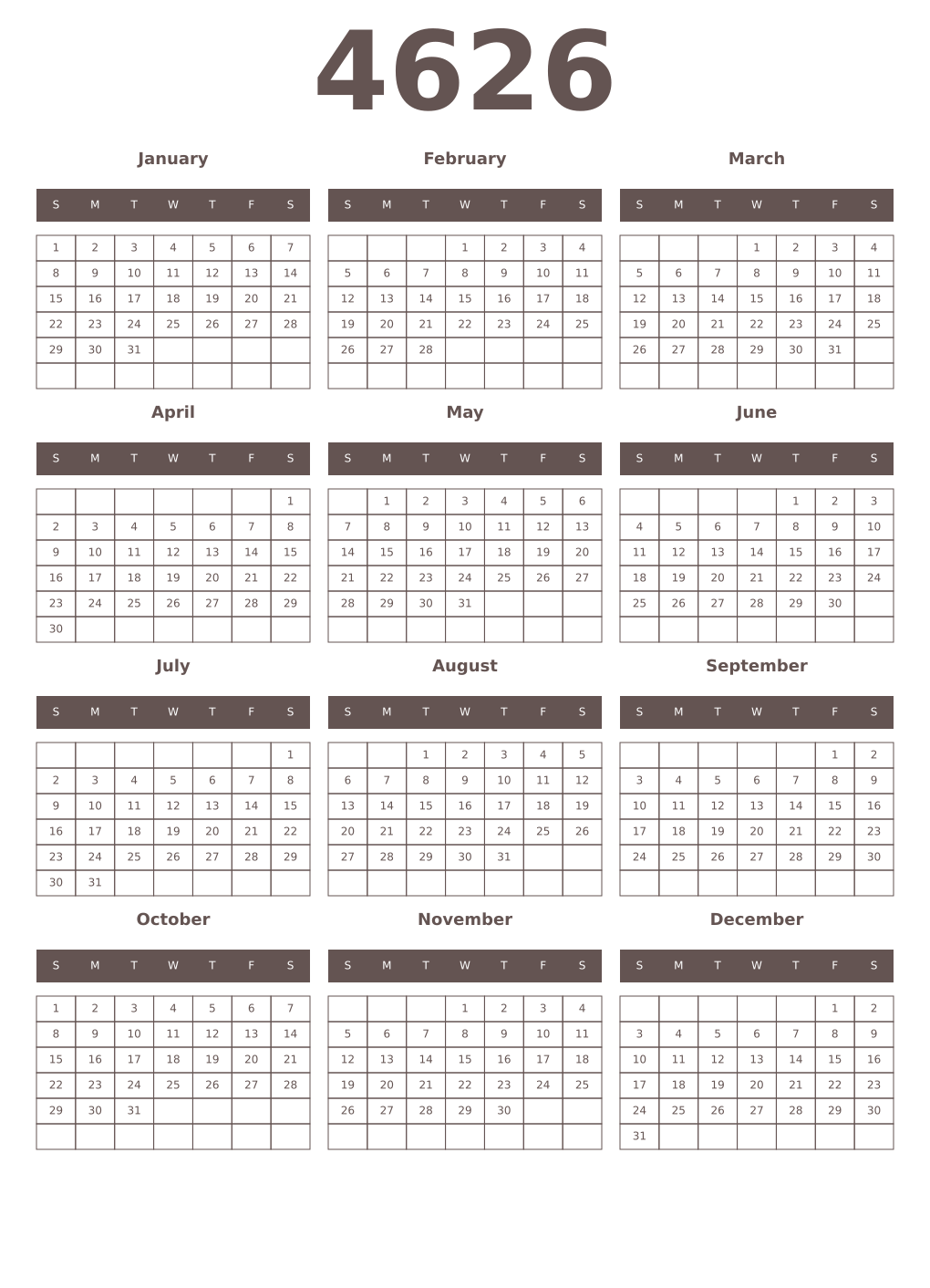 Printable 4626 Year Calendars wenge
