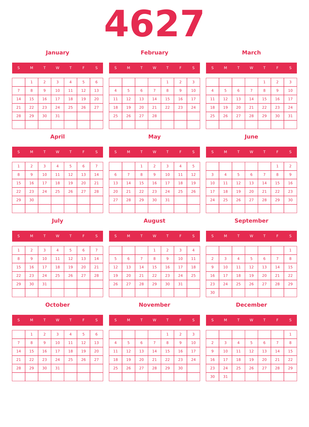 Printable 4627 Year Calendars amaranth