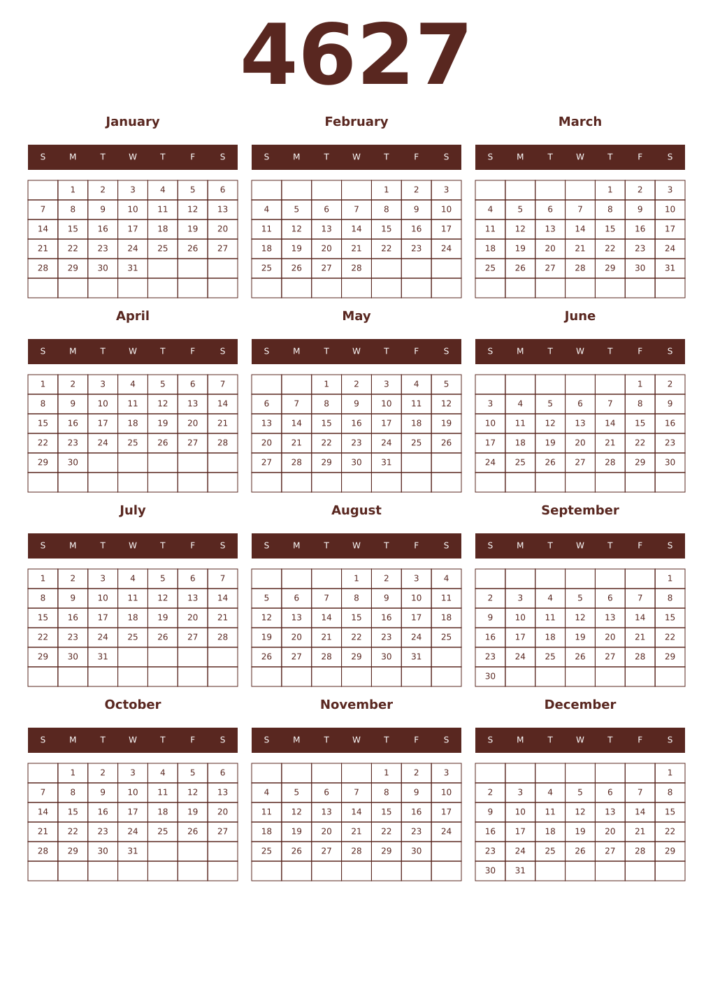 Printable 4627 Year Calendars mortuum