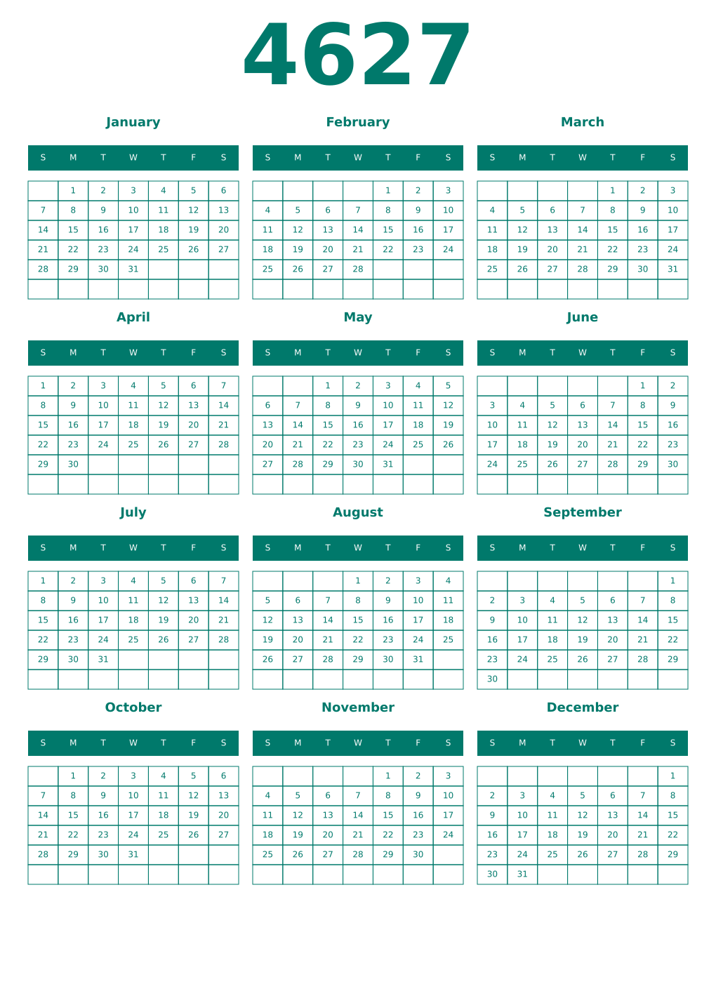 Printable 4627 Year Calendars pastel