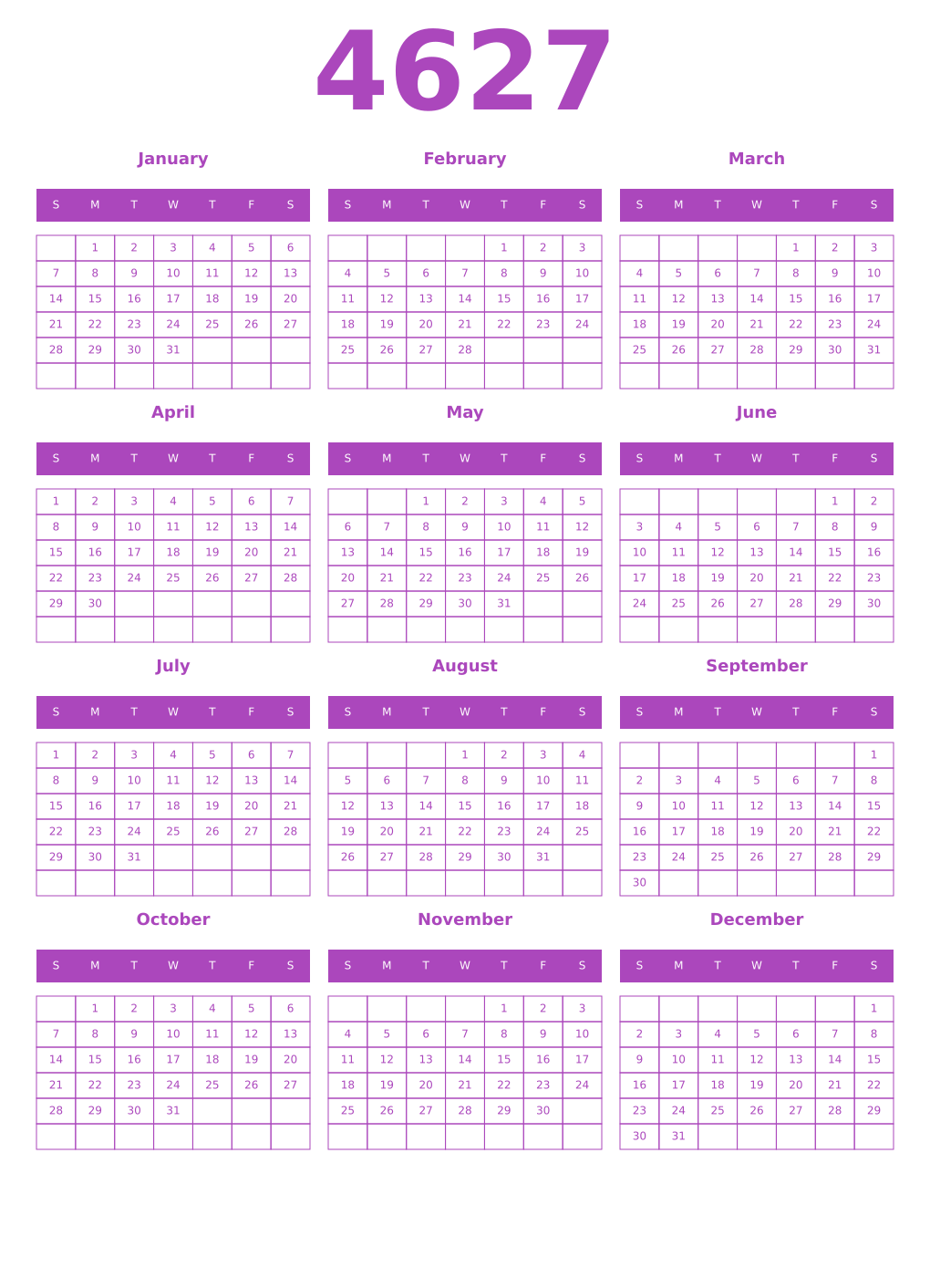Printable 4627 Year Calendars purple