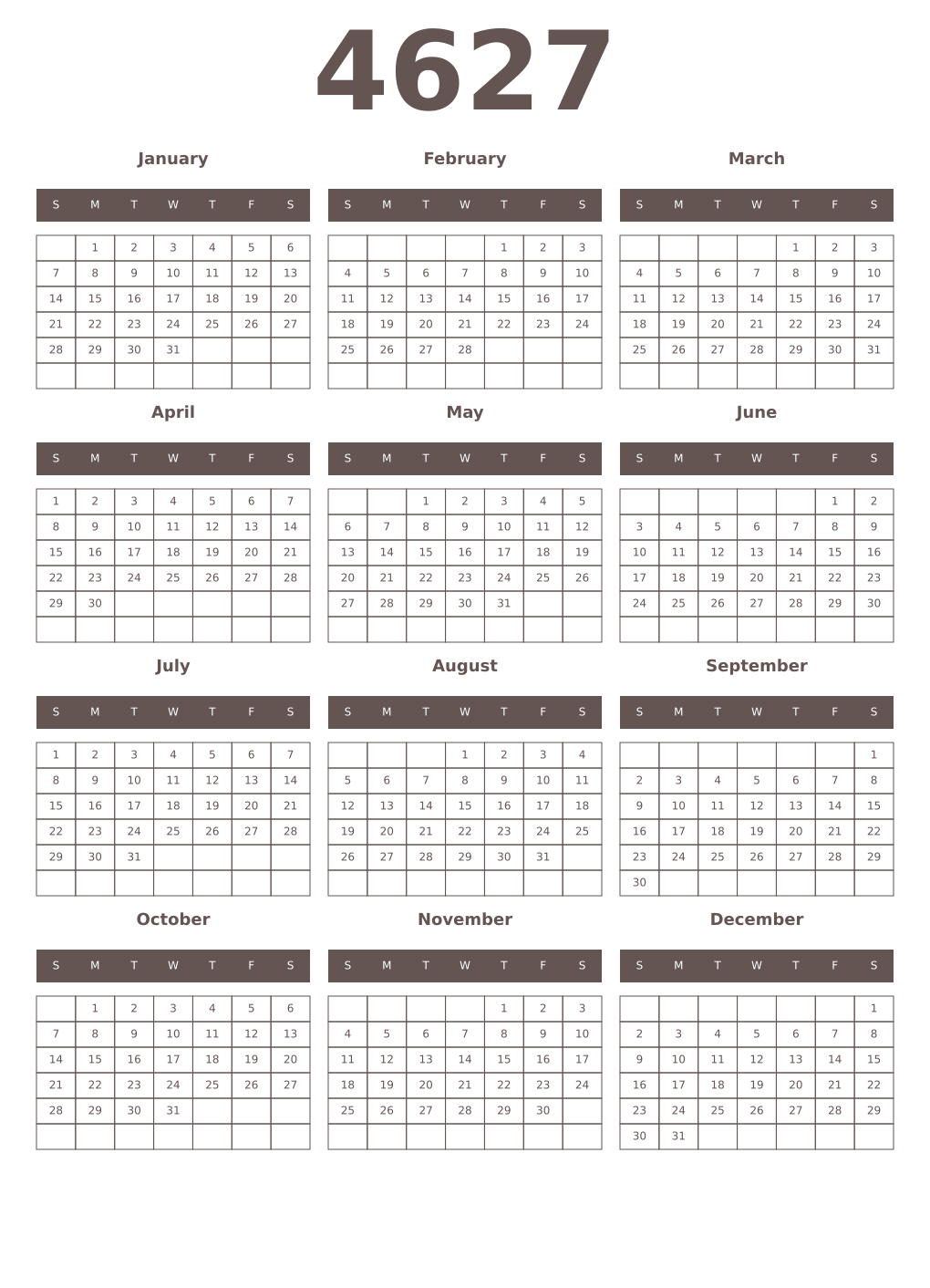 Printable 4627 Year Calendars wenge
