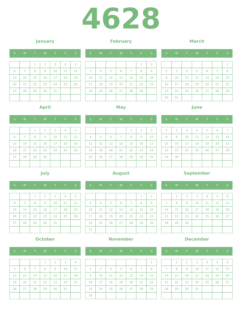 Printable 4628 Year Calendars celadon
