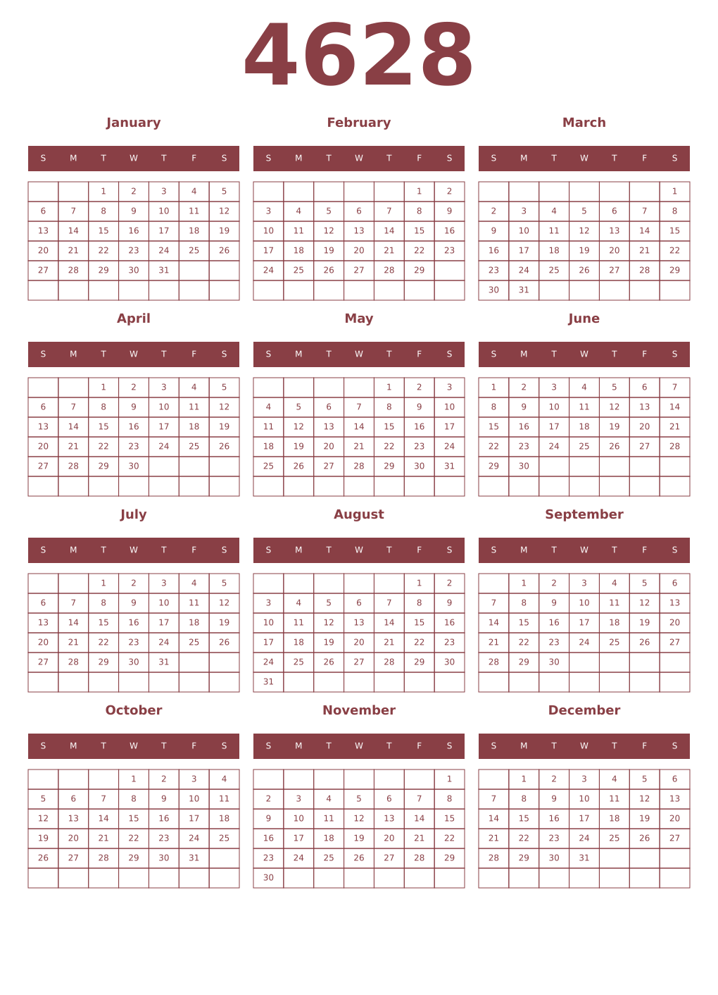 Printable 4628 Year Calendars cordovan