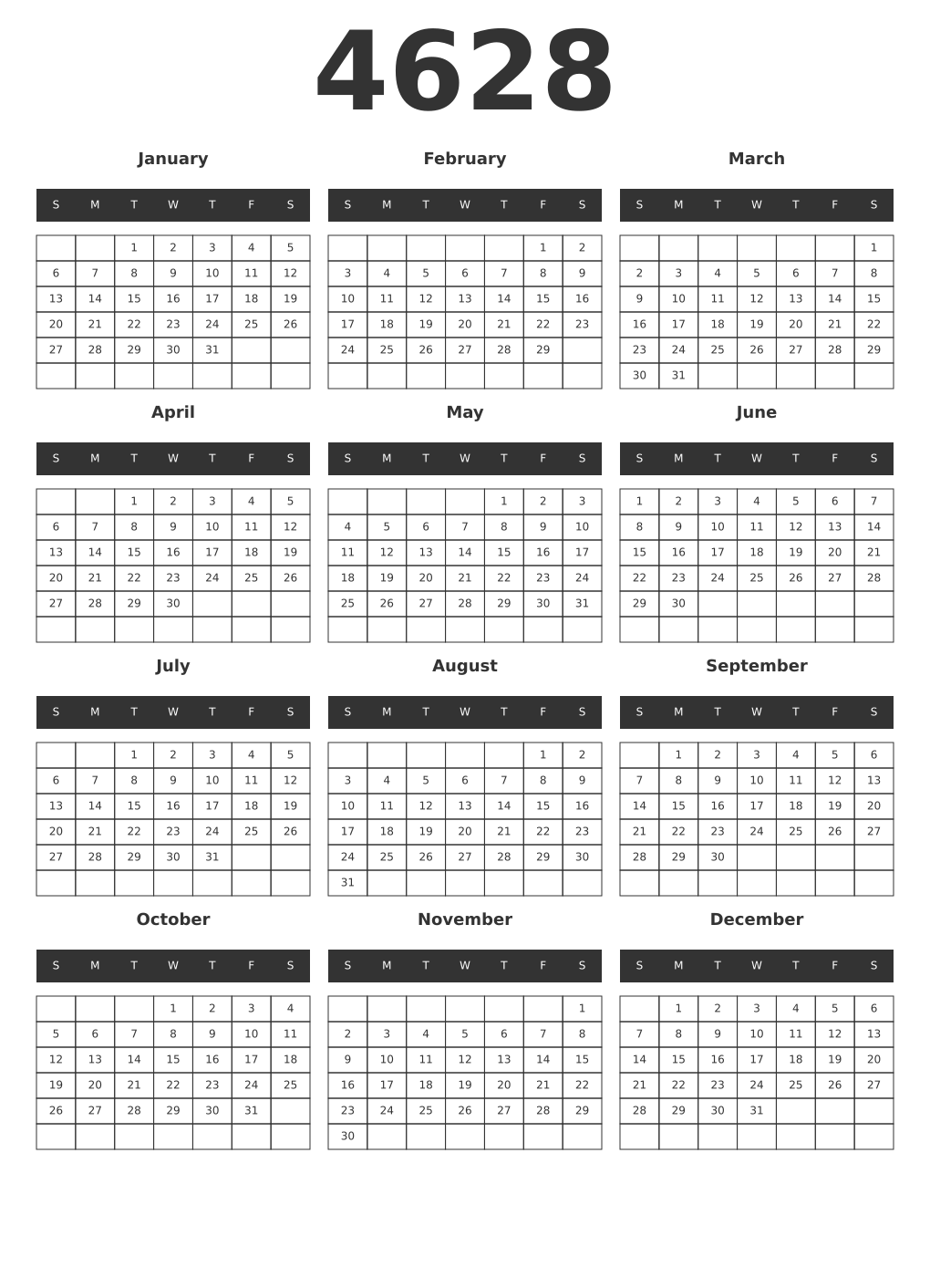 Printable 4628 Year Calendars dark