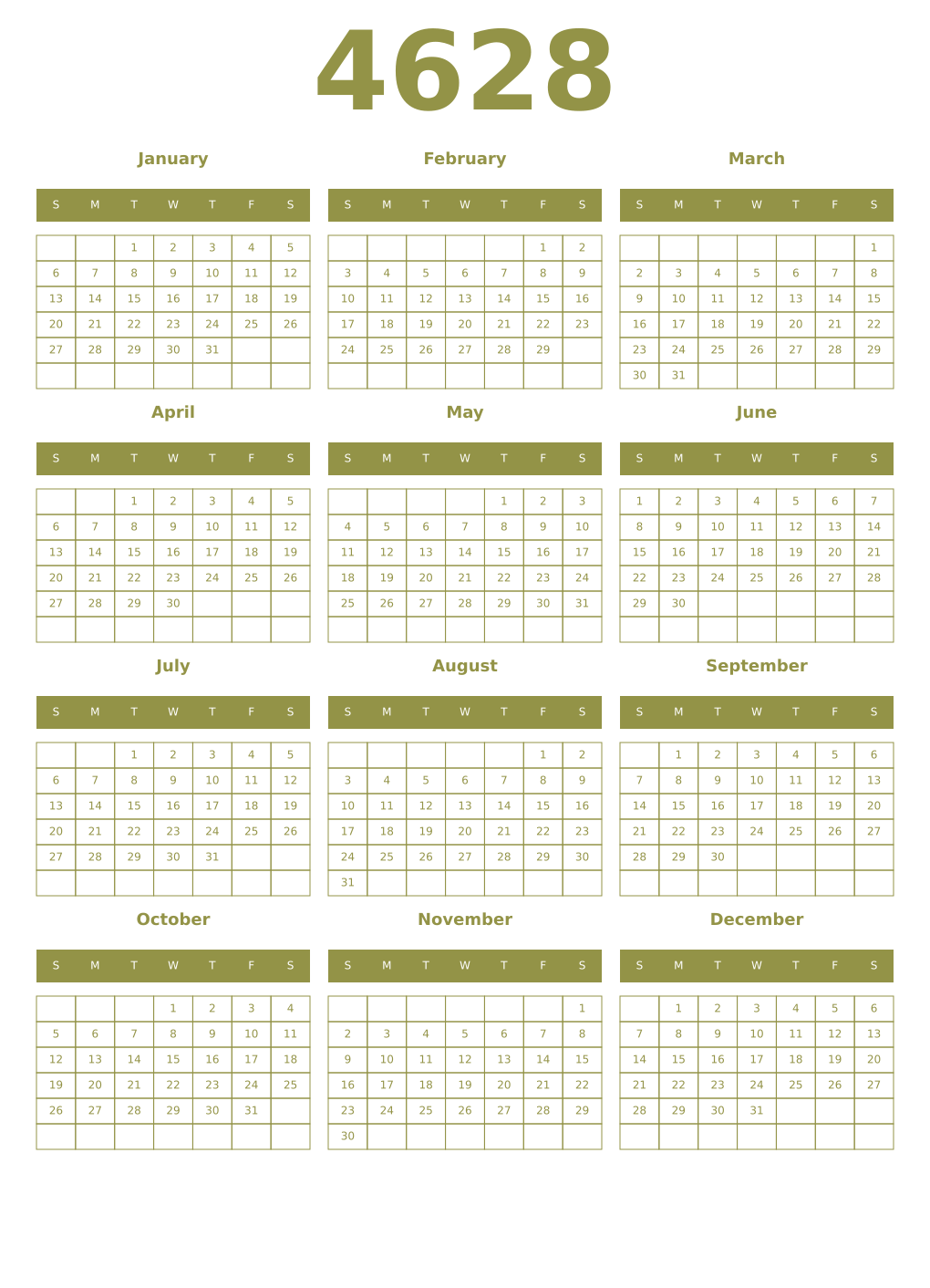 Printable 4628 Year Calendars eburnean