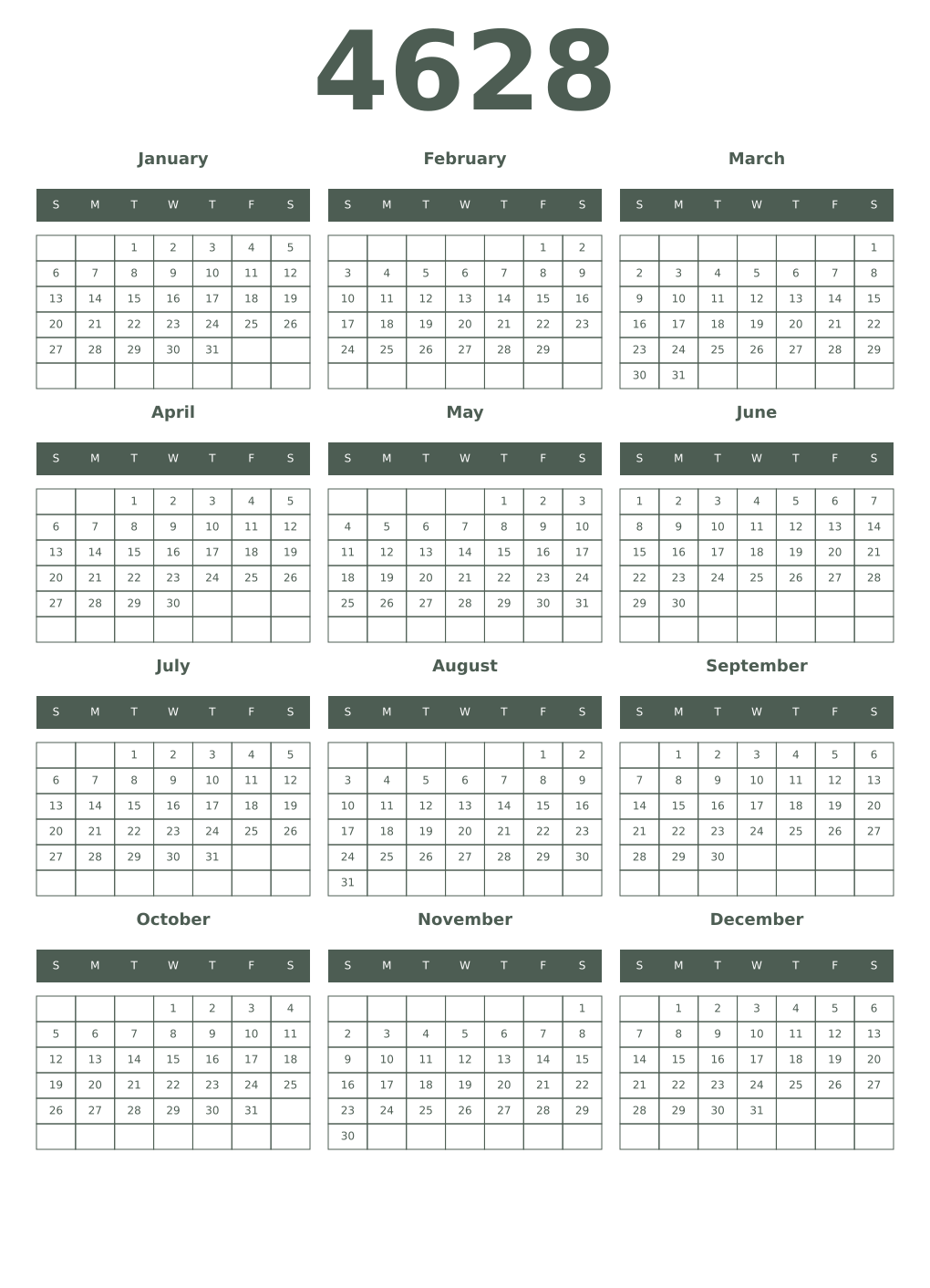 Printable 4628 Year Calendars feldgrau