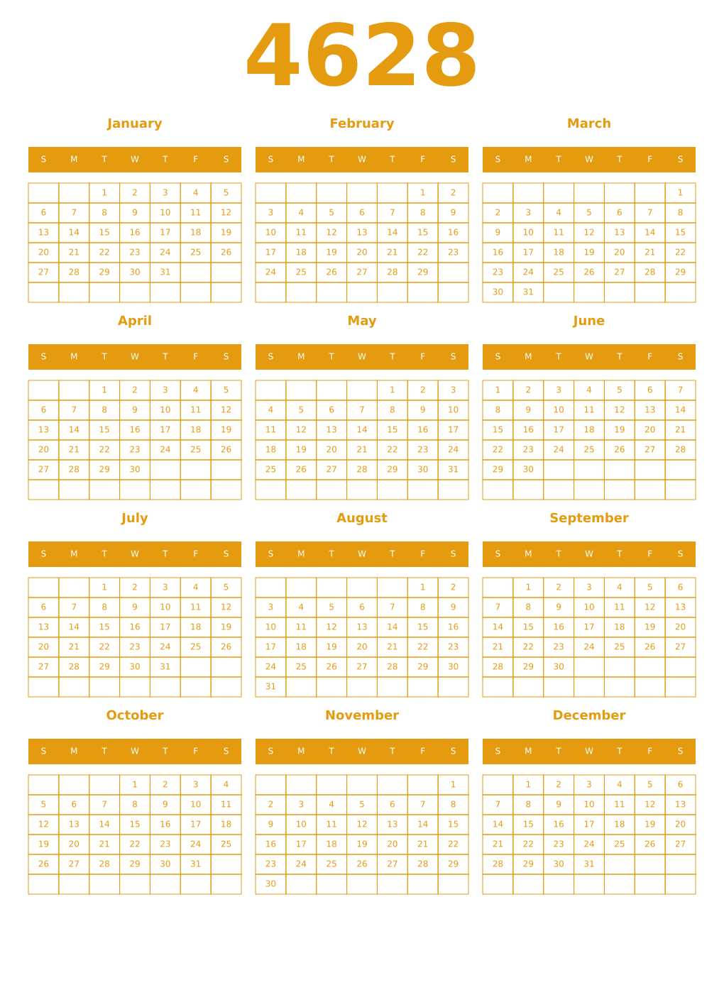Printable 4628 Year Calendars gamboge