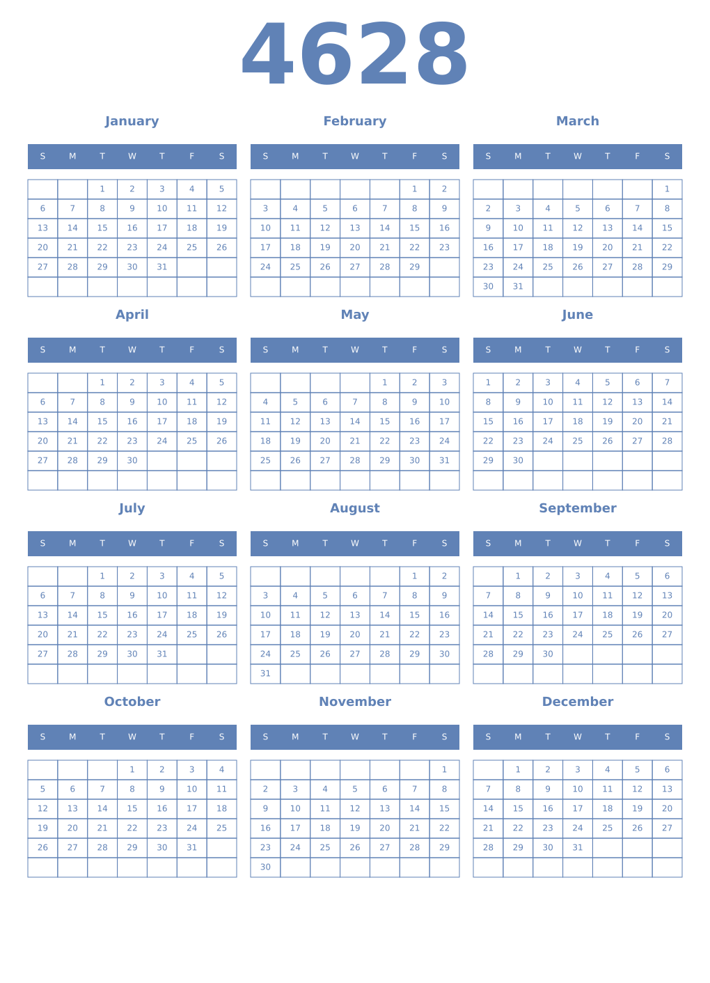 Printable 4628 Year Calendars glaucous