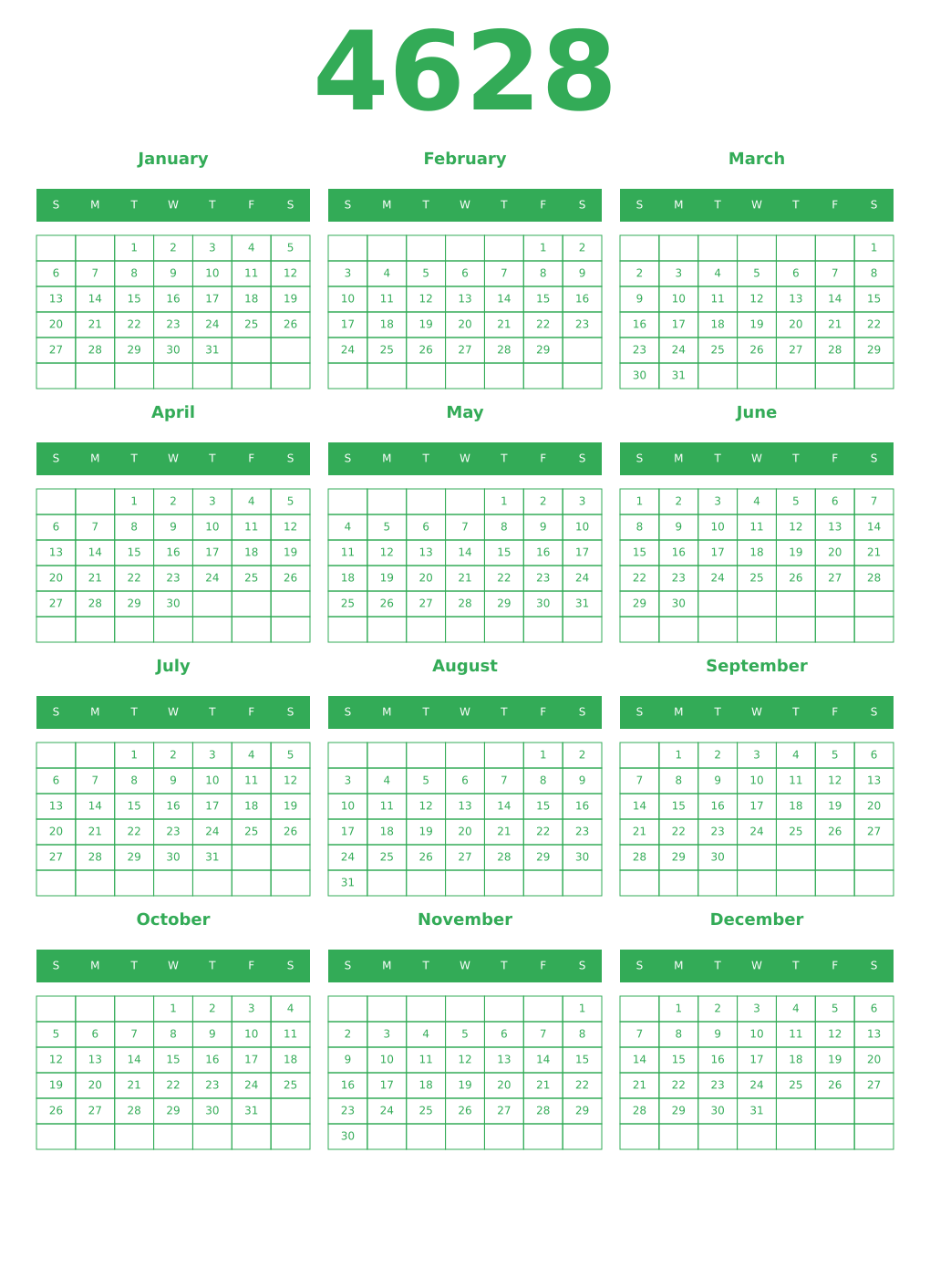 Printable 4628 Year Calendars green