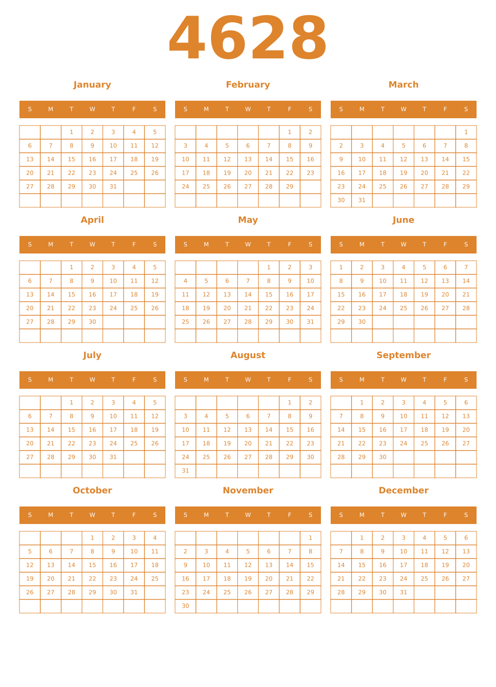 Printable 4628 Year Calendars orange