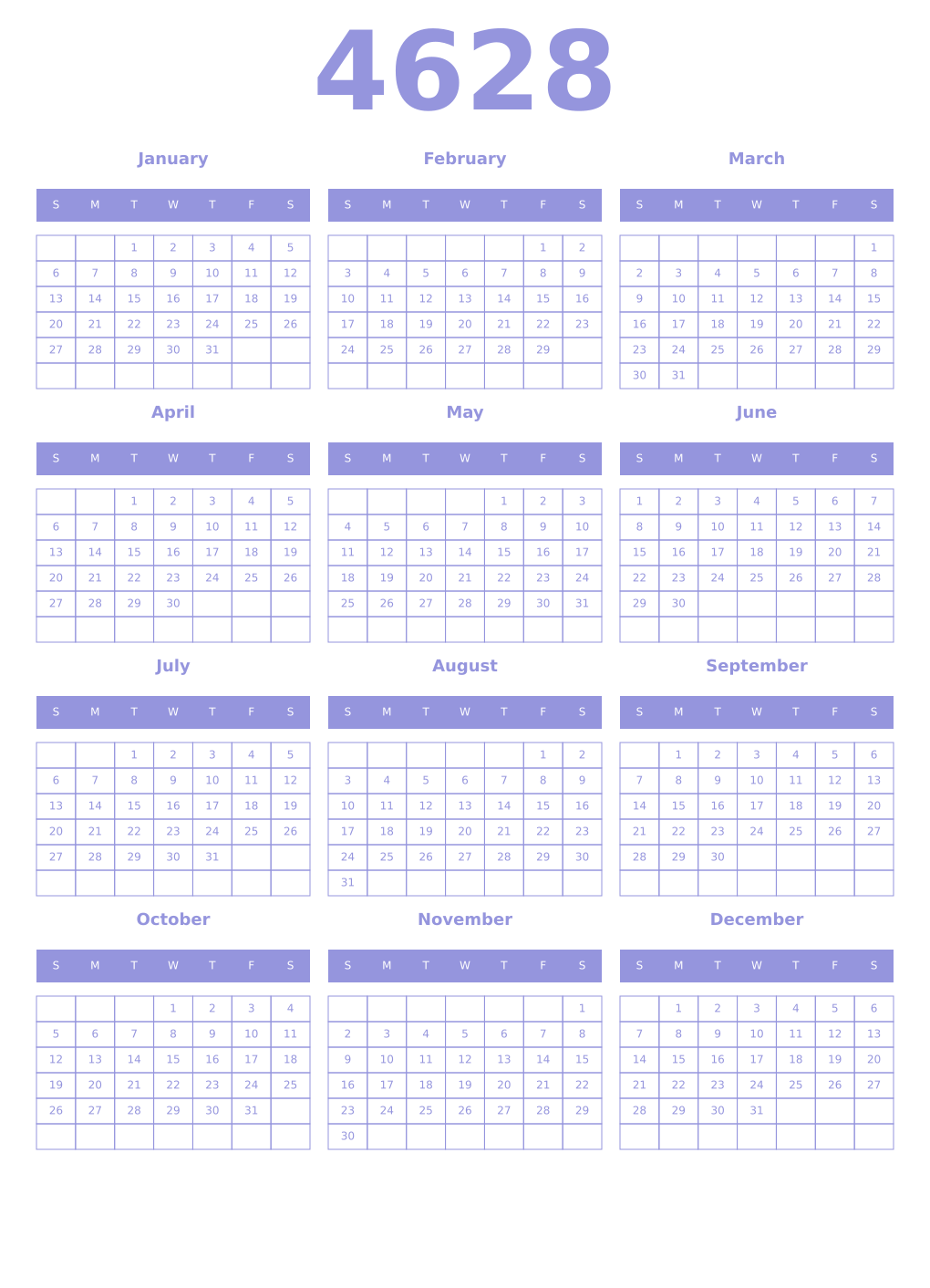 Printable 4628 Year Calendars periwinkle